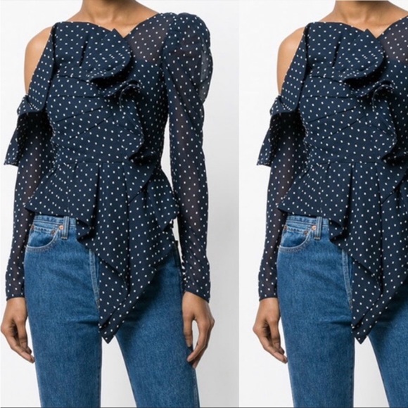 Self-Portrait Plumetis Frill One Shoulder Blouse Navy Blue Polka Dot Size 6 - Picture 3 of 16